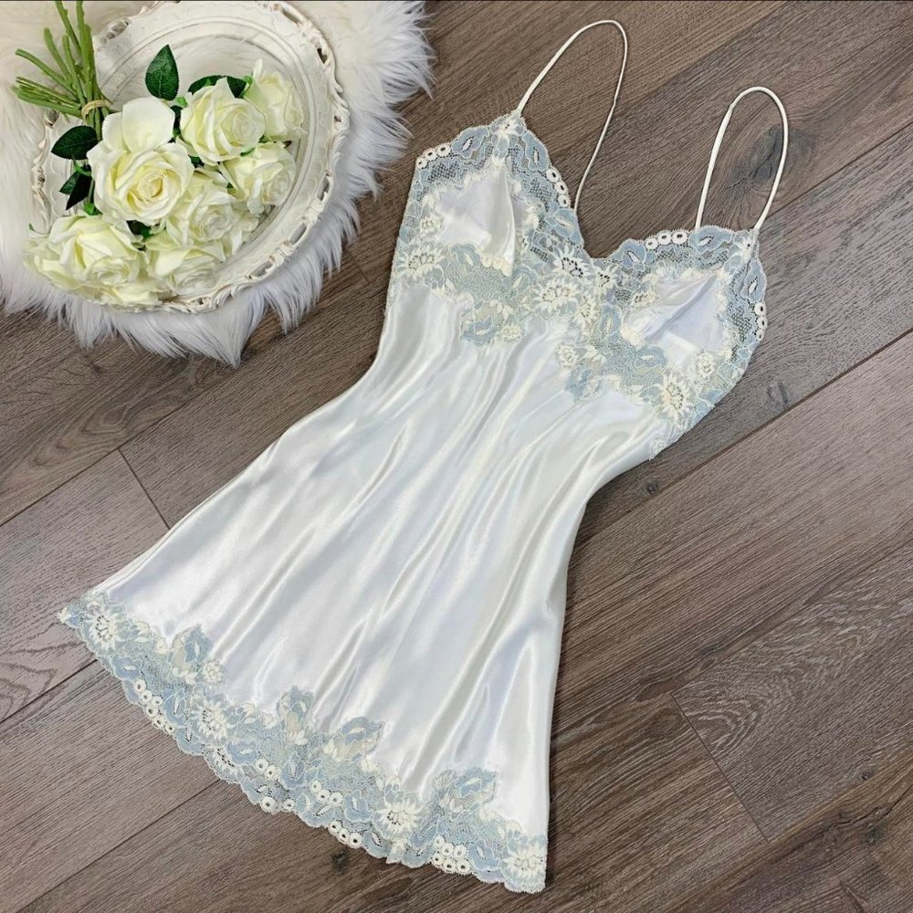 Vintage Victorias Secret Ivory White and Ice Blue Lace Silky Lingerie Slip